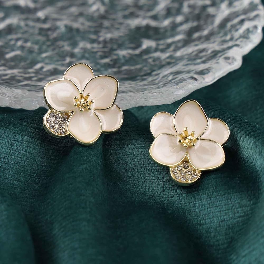 Enamel Floral Stone Stud Earrings