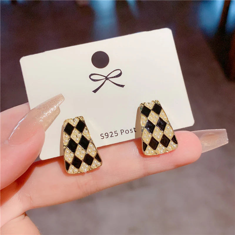 Geometric Black & White Checkered Stud Earrings