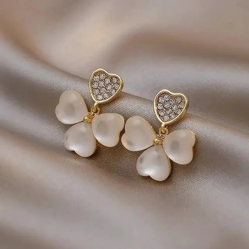 Opal Heart Clover Drop Earrings