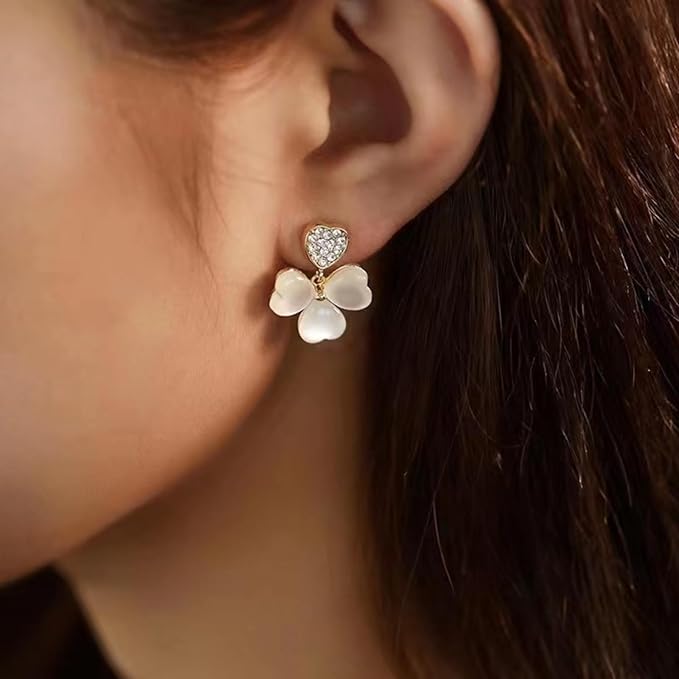 Opal Heart Clover Drop Earrings