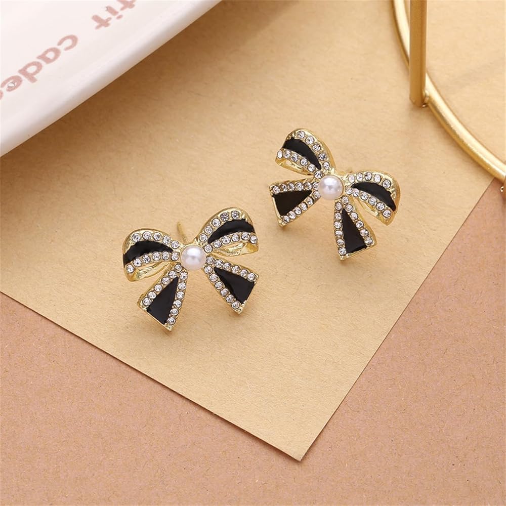 Black Bow & Pearl Stud Earrings