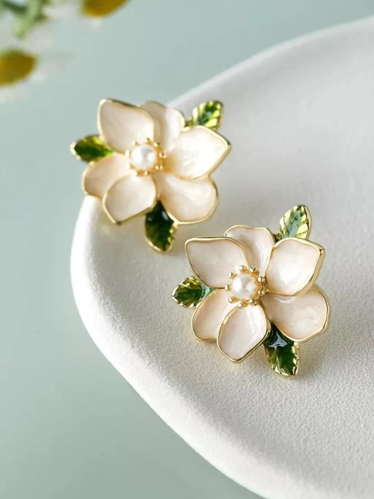 Delicate Enamel Camelia Floral Studs