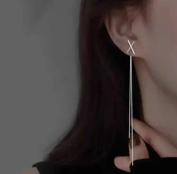 Cross Design Silver Long Earrings