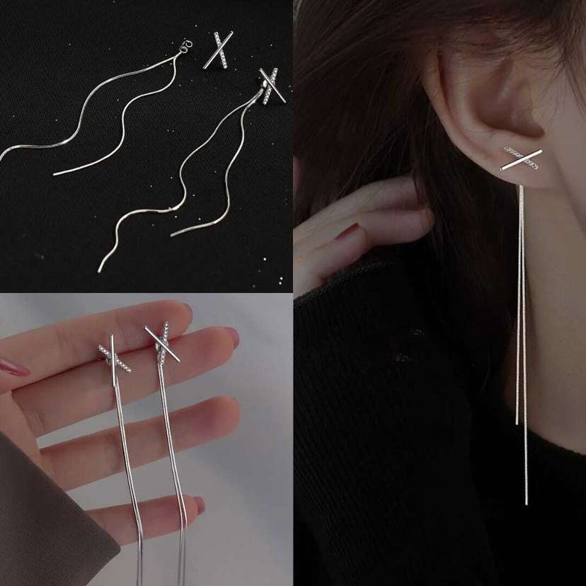 Cross Design Silver Long Earrings