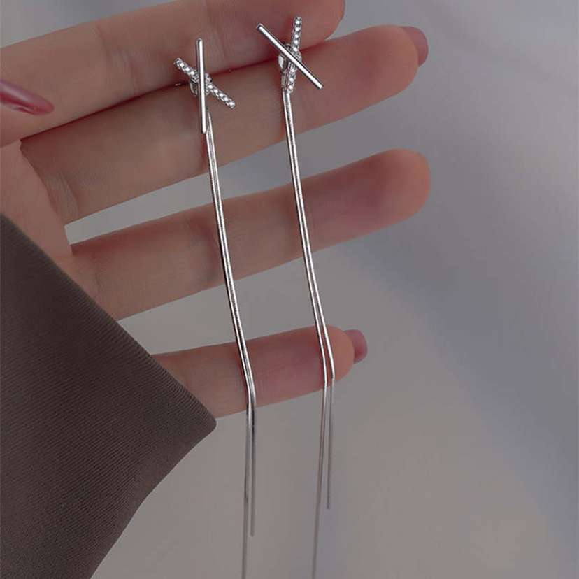 Cross Design Silver Long Earrings