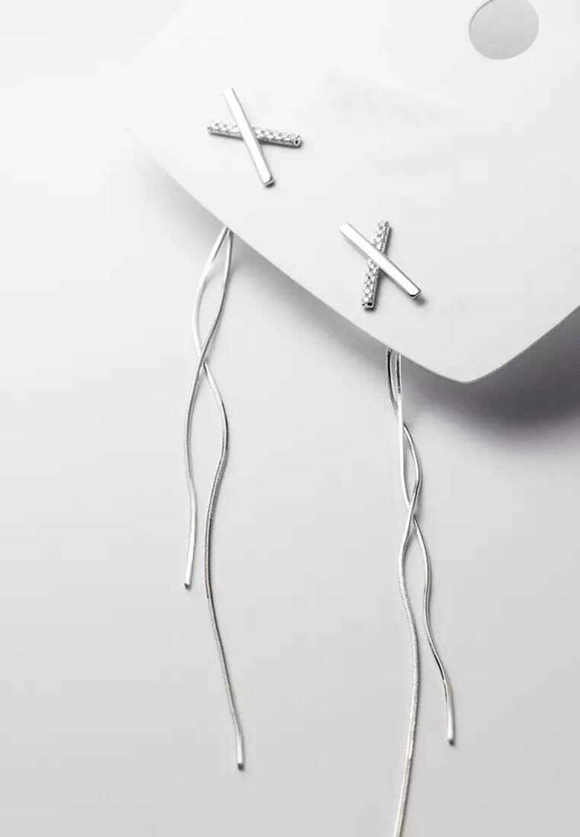 Cross Design Silver Long Earrings