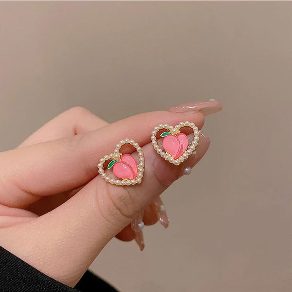 Peach In Pearl Heart Stud Earrings