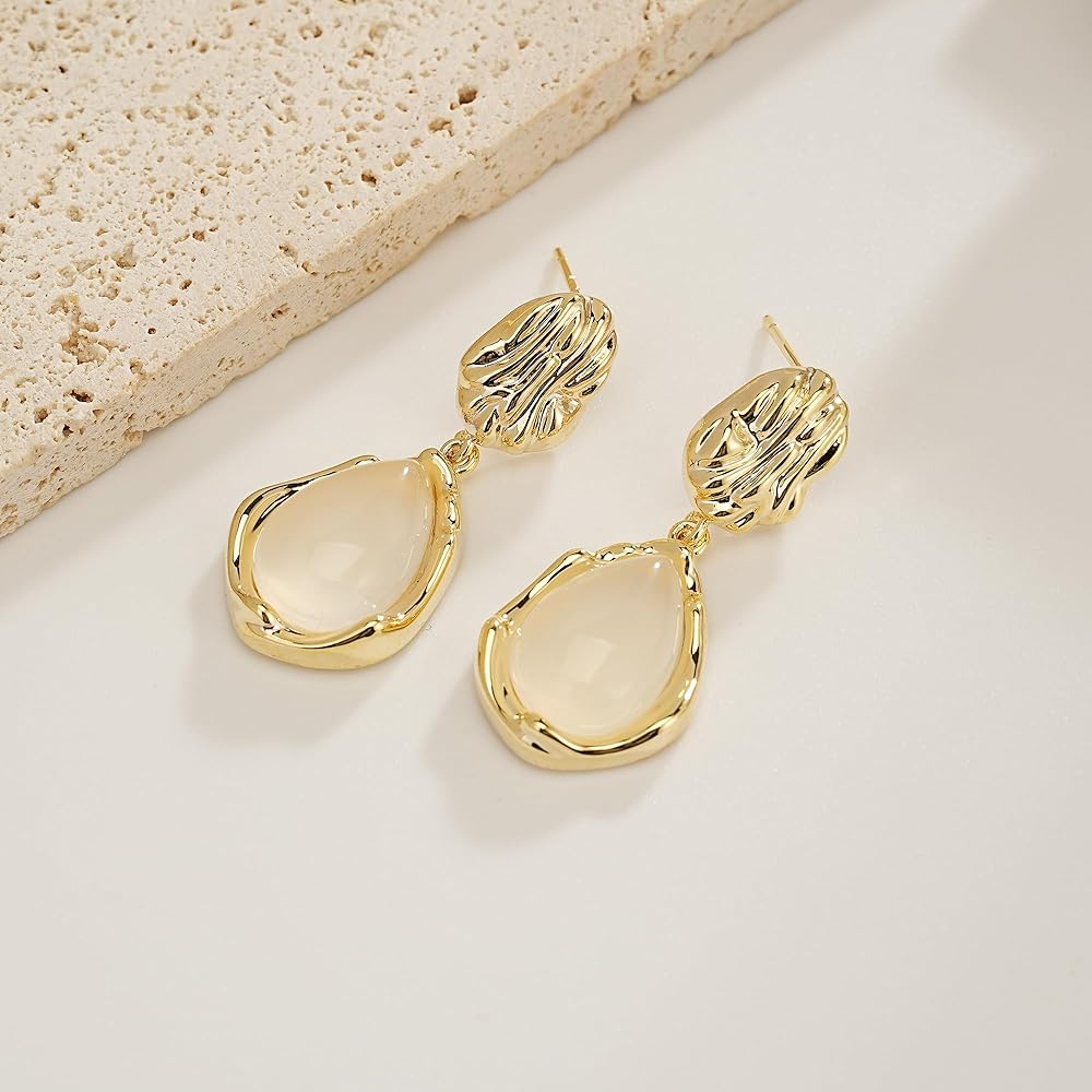 Golden Moonstone Opal Droplet Drop Earrings