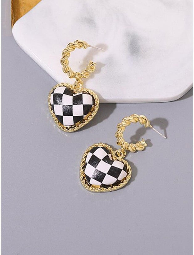 Black & White Checkered Heart Twisted Hoop Earrings