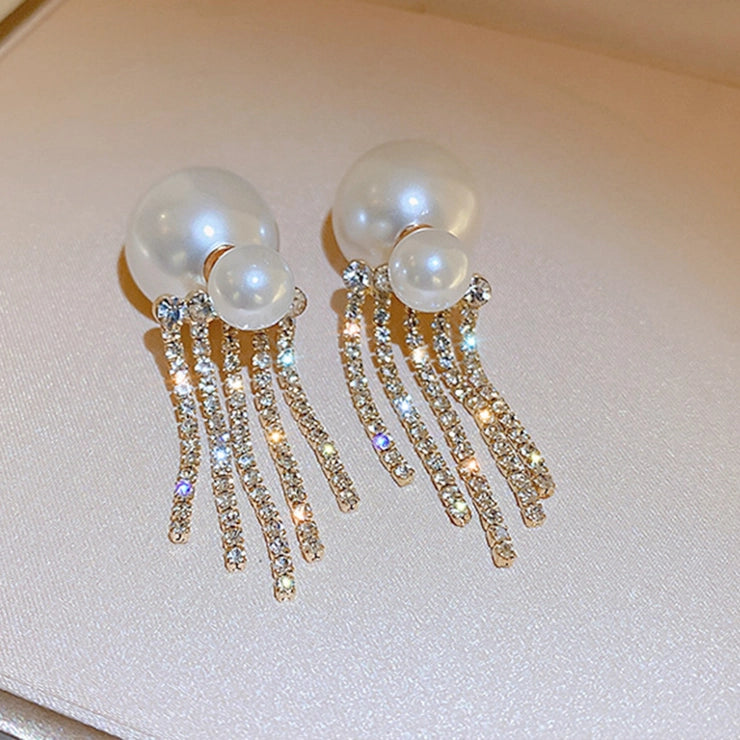 Pearl Diamond Fringe Tassels Double Stud Earrings