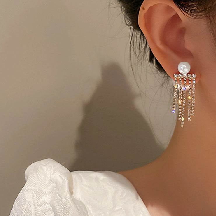 Pearl Diamond Fringe Tassels Double Stud Earrings