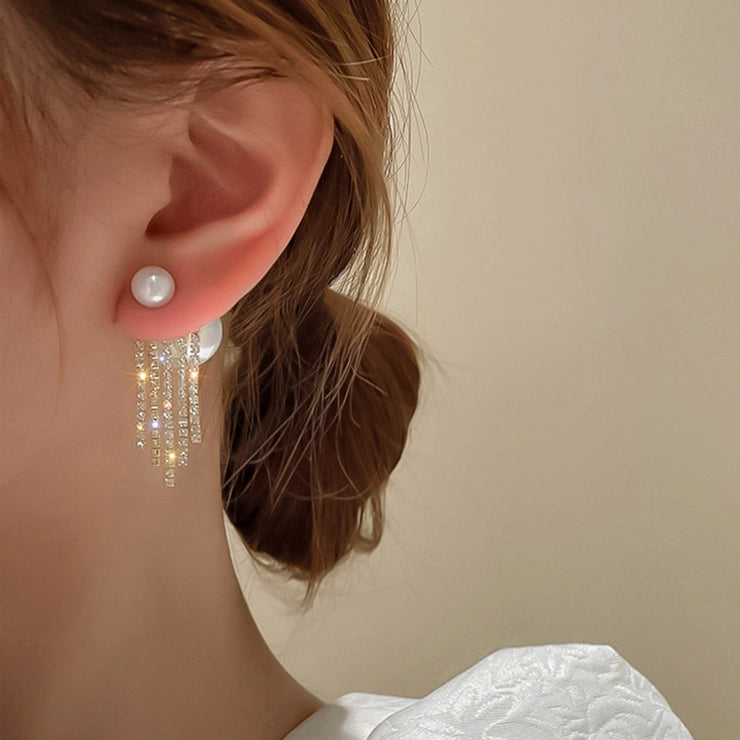 Pearl Diamond Fringe Tassels Double Stud Earrings
