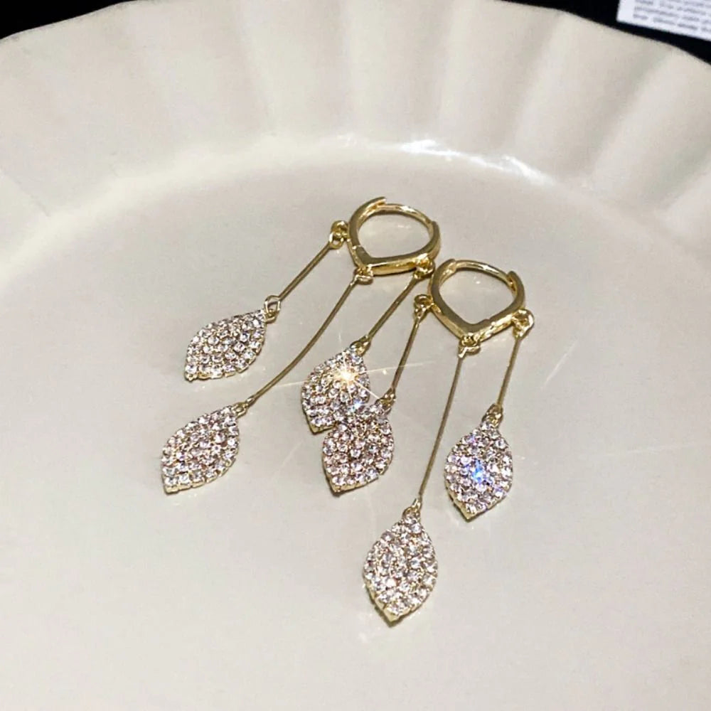Leafy Stone Tassel Style Hoop Earrings