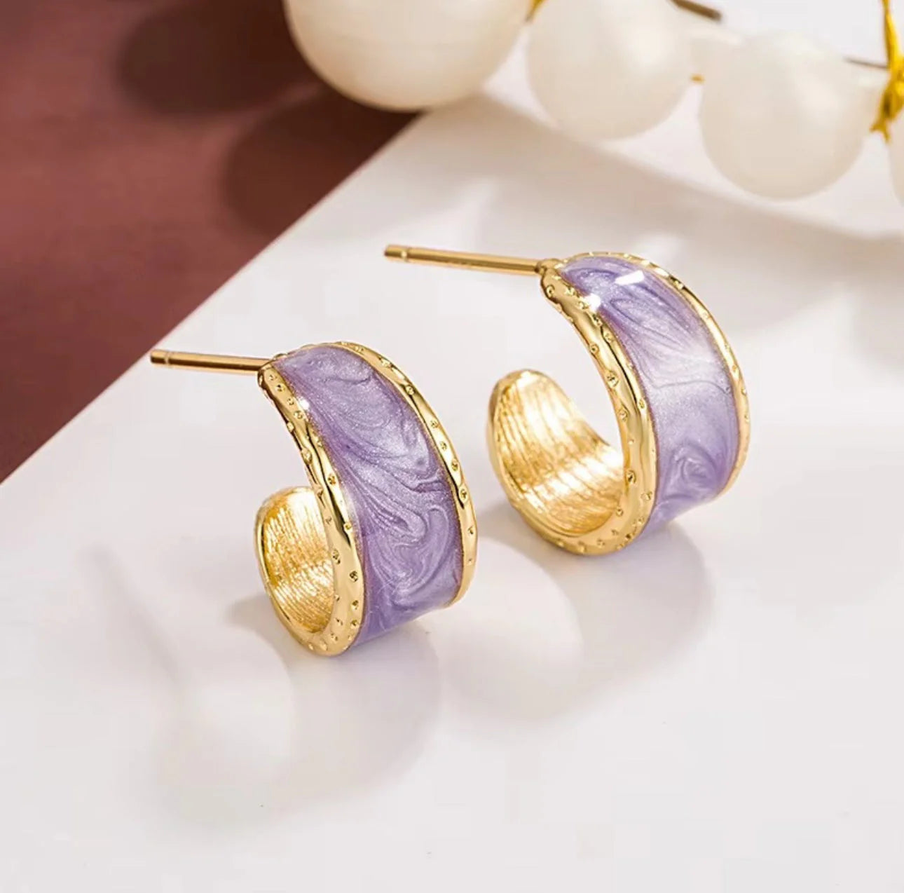 Lavender Enameled Hoop Earrings