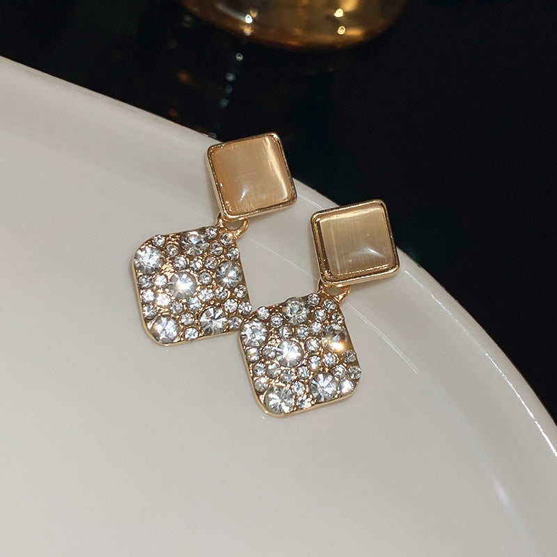 Geometric Zircon & Cat’s Eye Stone Earrings