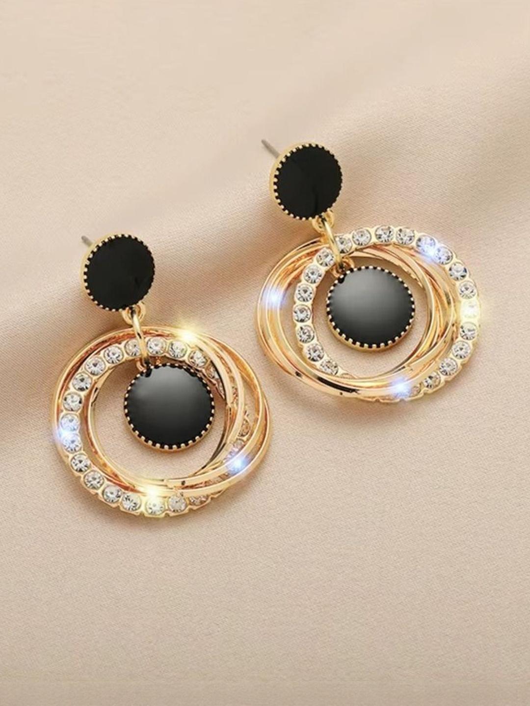 Eloria Korean Design Hoop Layered Drop black Earrings