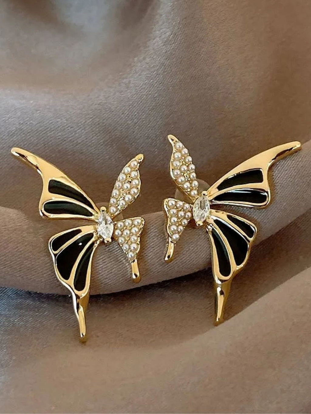 White Enamel & Stone Butterfly Stud Earrings