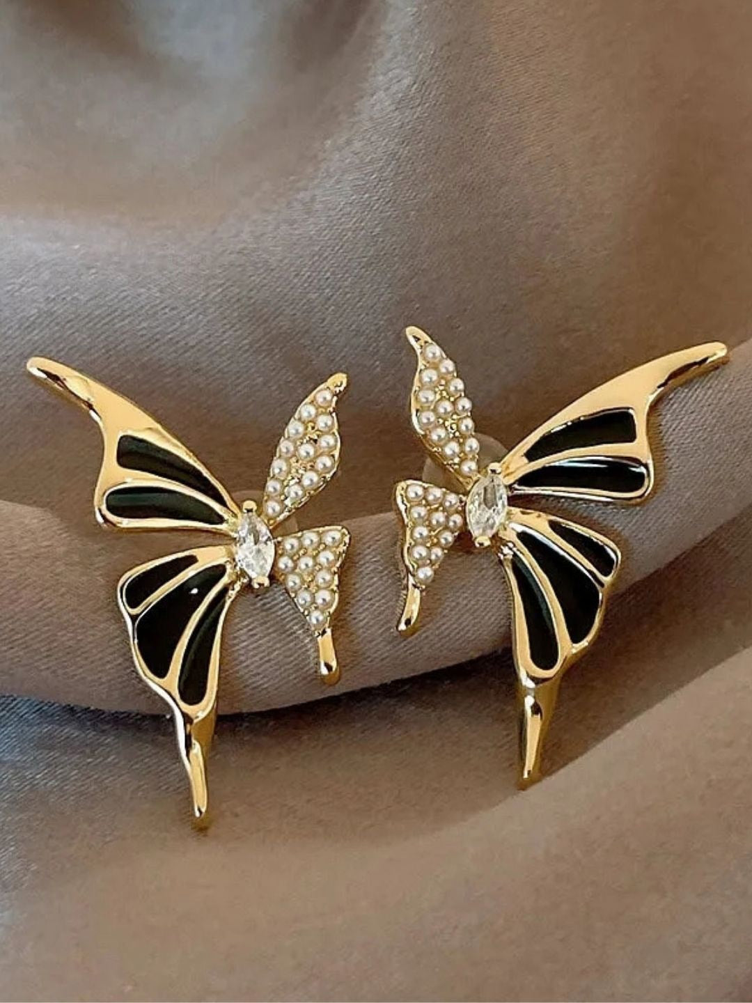 White Enamel & Stone Butterfly Stud Earrings