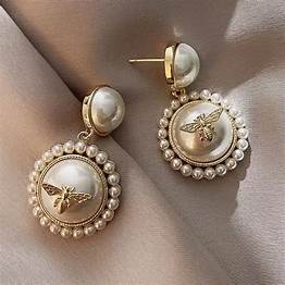3D Golden Bee on Pearl CC Drop Earrings