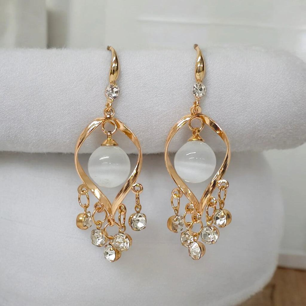Gold Plated Pearl And Stone Drop Earrings