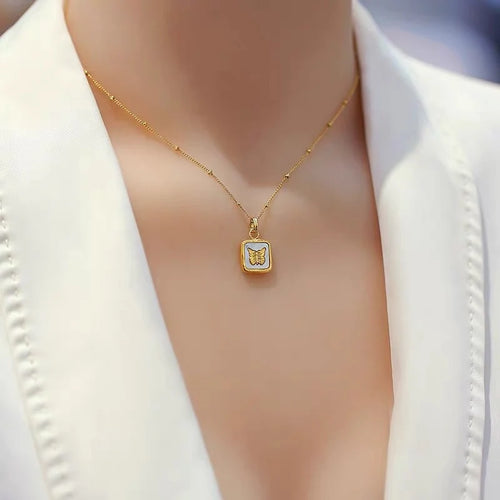 Butterfly Studded In Shell Square Necklace Earrings