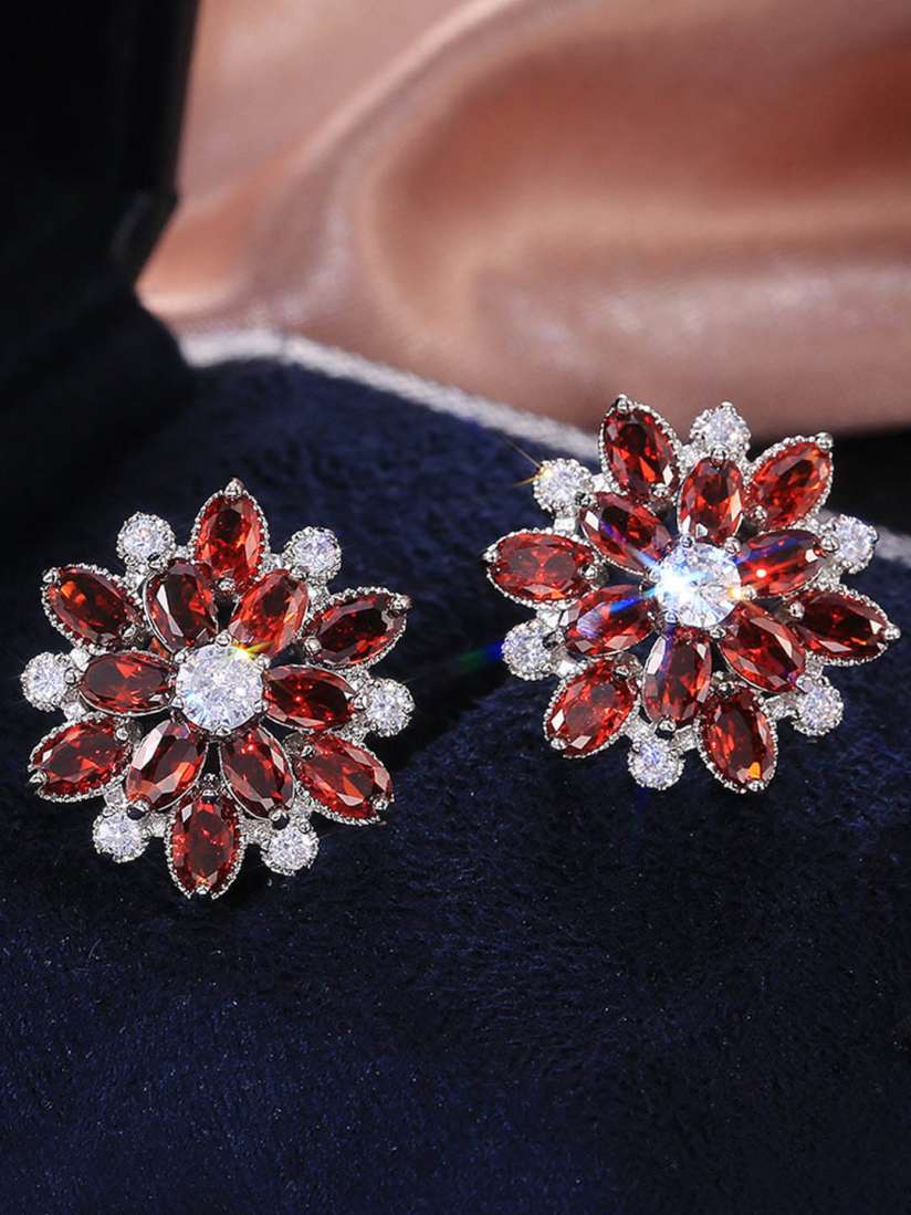 Silver Plated Anti Tarnish American Diamond Studded Red Floral Silver Stud Earrings