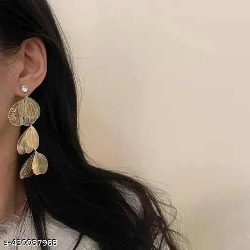Exaggerated Petal-Shaped Metallic Drop Long Earrings