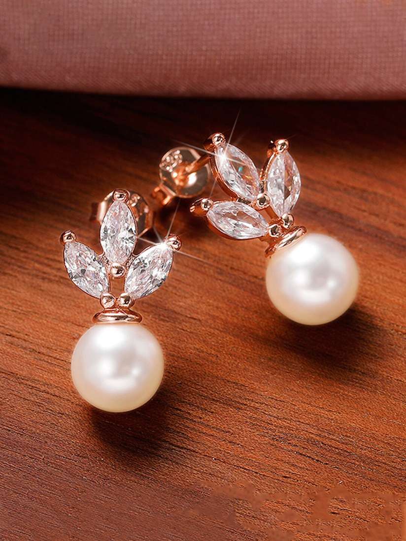 Rose Gold Plated American Diamond Studded Pearl Drop Korean Earrings