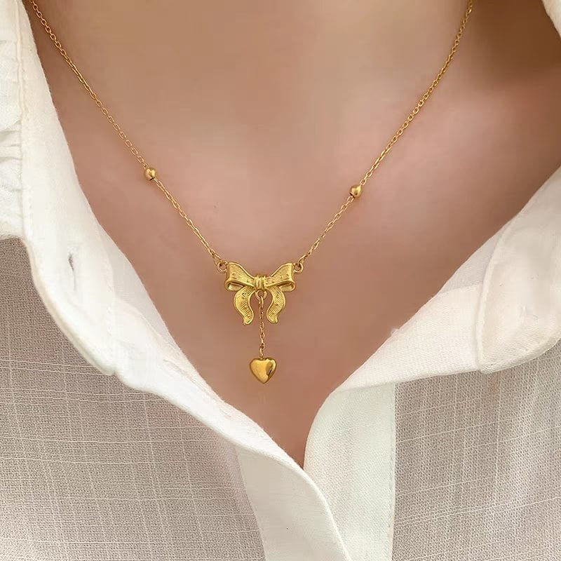 Bow Knot Heart Drop Pendant Necklace