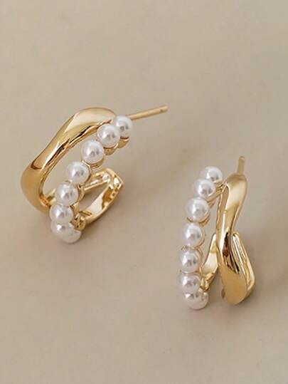 Dual Layer Pearl Hoop C Shaped Earring