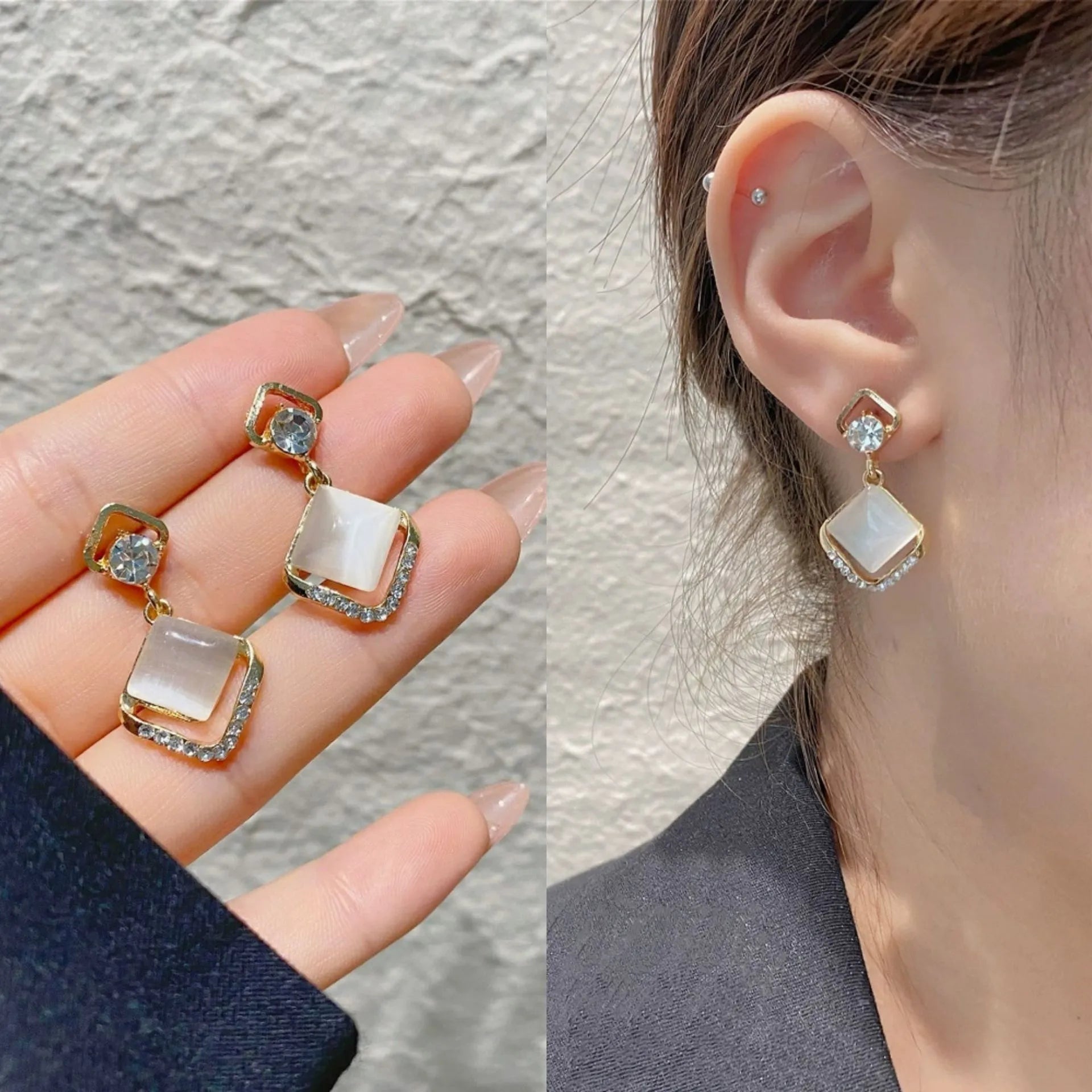 Geometric Opal Crystal Square Drop Earrings