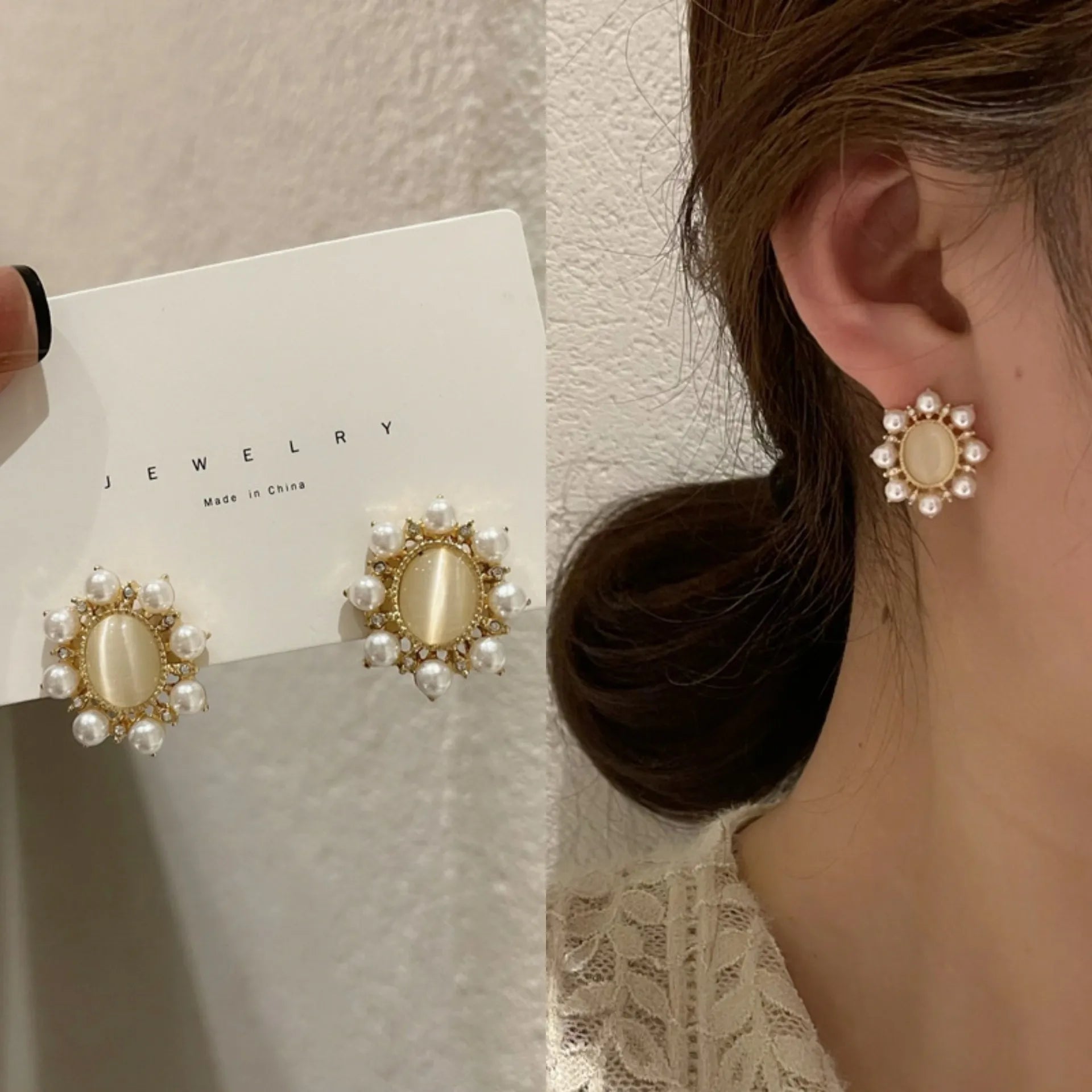 Opal Pearl Circle Stud Earrings