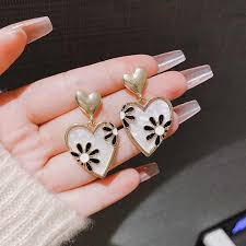 Enamelled Daisy Heart Drop Earrings