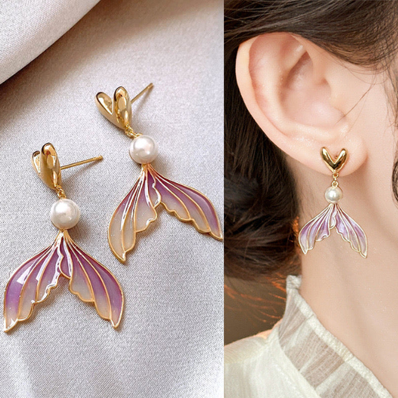 Purple Fish Tail Heart Earrings