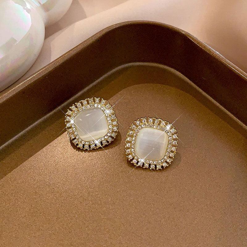 Sparkling Rhinestone Opal Square Stud Earrings