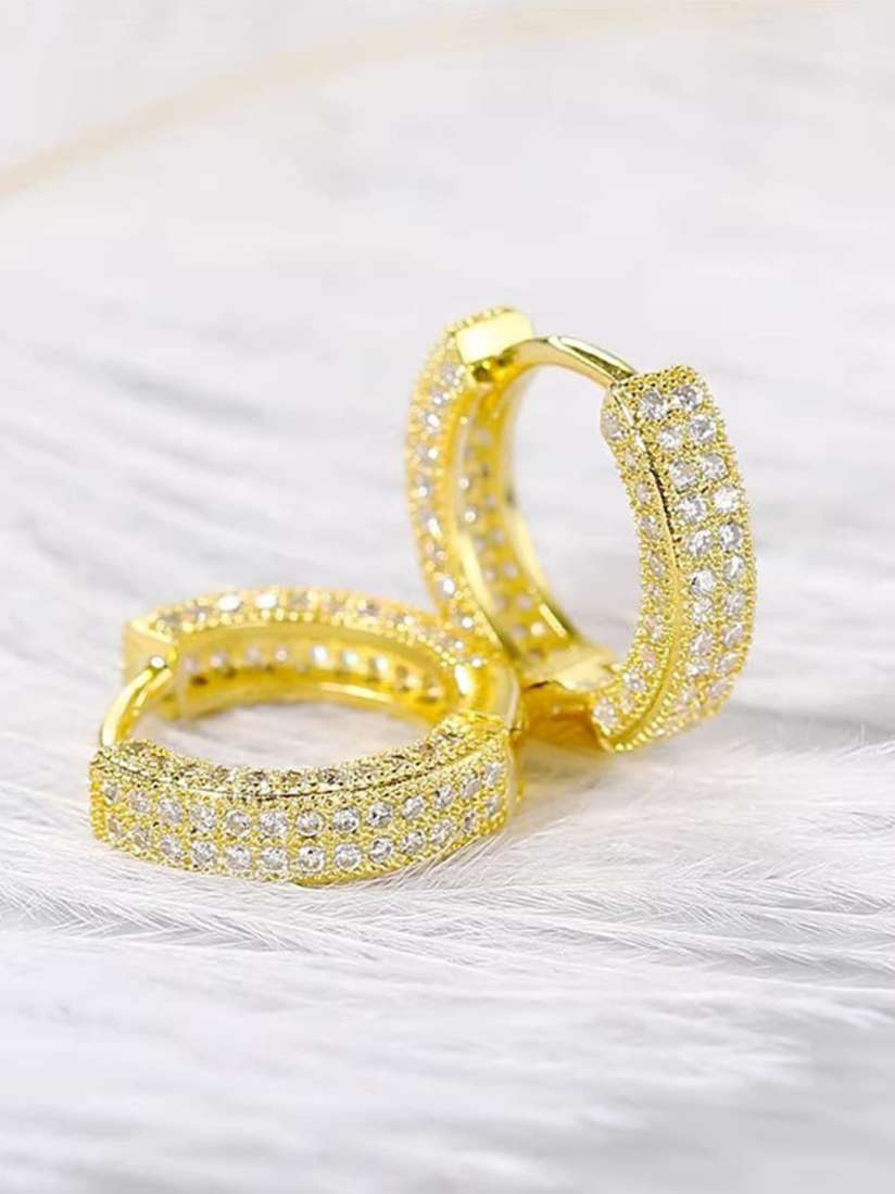 Gold Plated Cubic Zirconia Studded Micro Inlay Hip Hop Hoop Earrings
