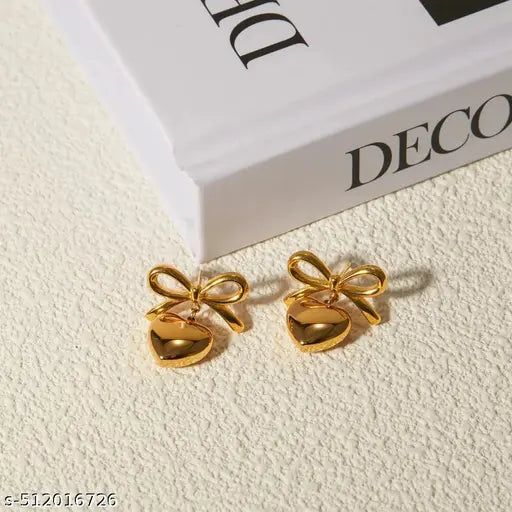 Gold Plated Anti Tarnish BowHeart Themed Earrings