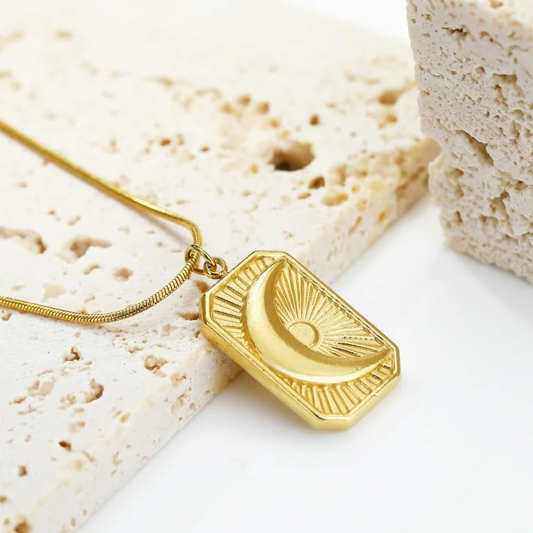 Crescent Moon Embossed Pendant Necklace