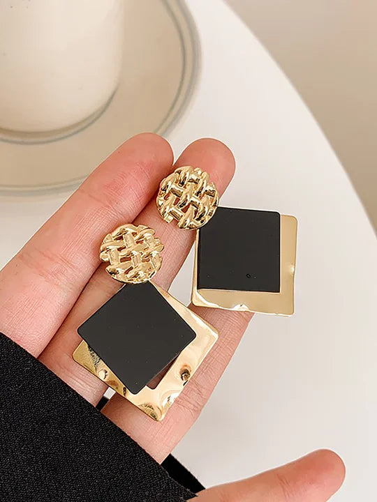 Black & Gold Geometric Square Drop Earrings