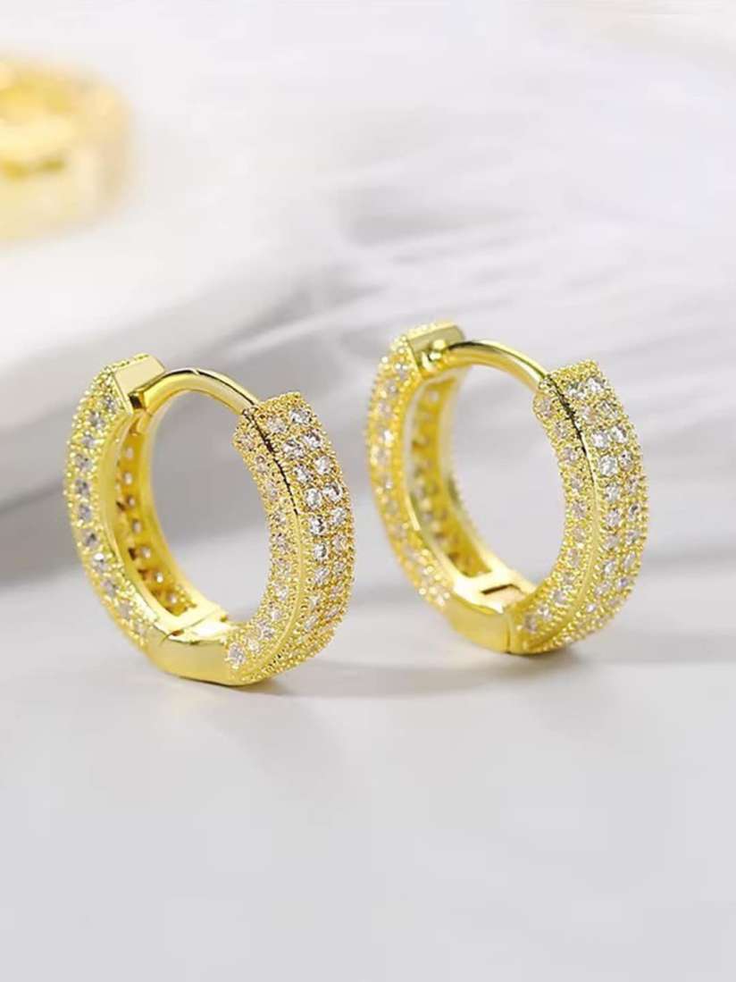 Gold Plated Cubic Zirconia Studded Micro Inlay Hip Hop Hoop Earrings