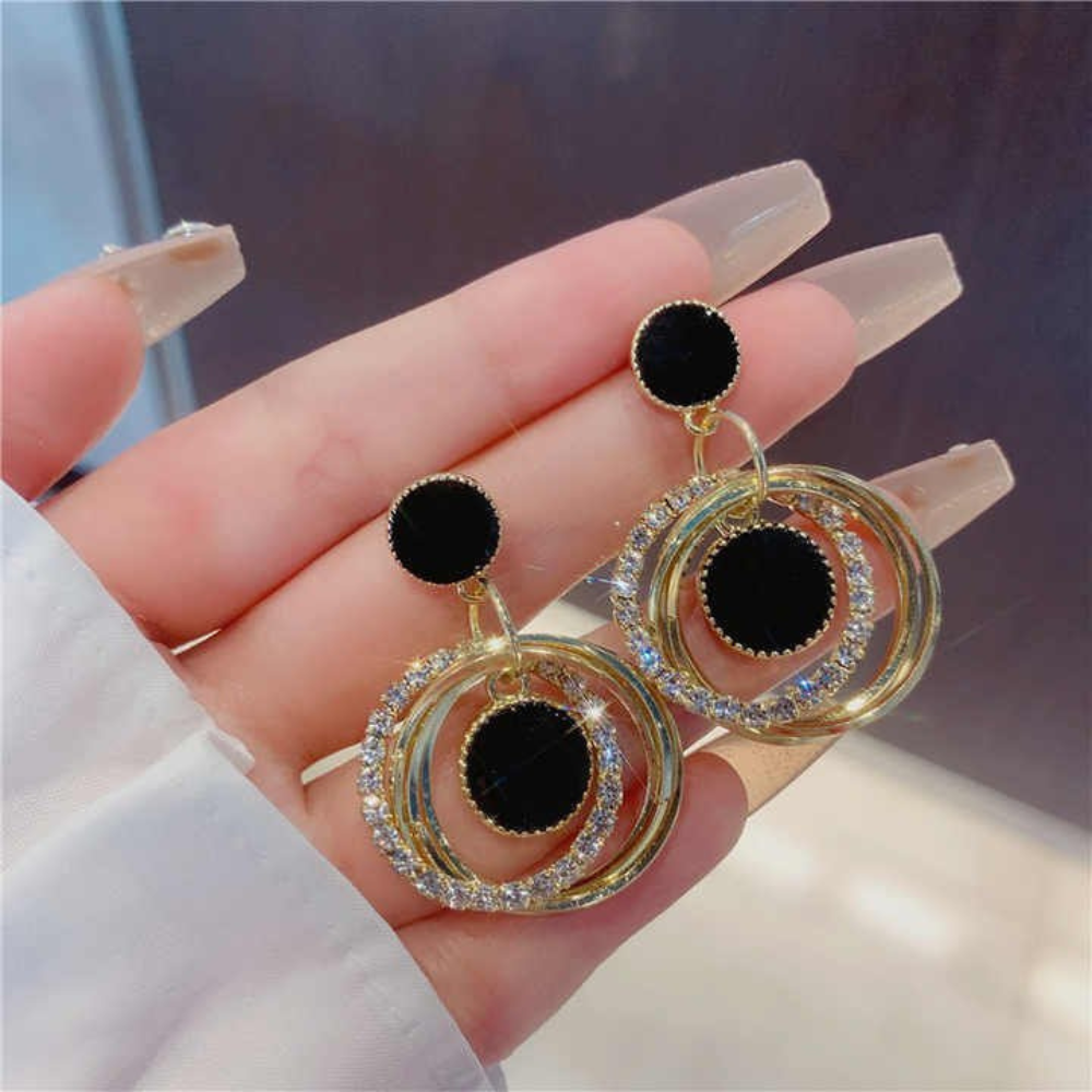 Korean Design Hoop Layered Drop Black Earrings