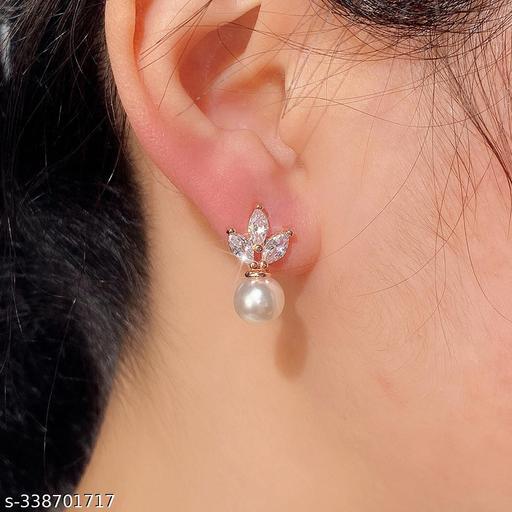 Rose Gold Plated American Diamond Studded Pearl Drop Korean Earrings