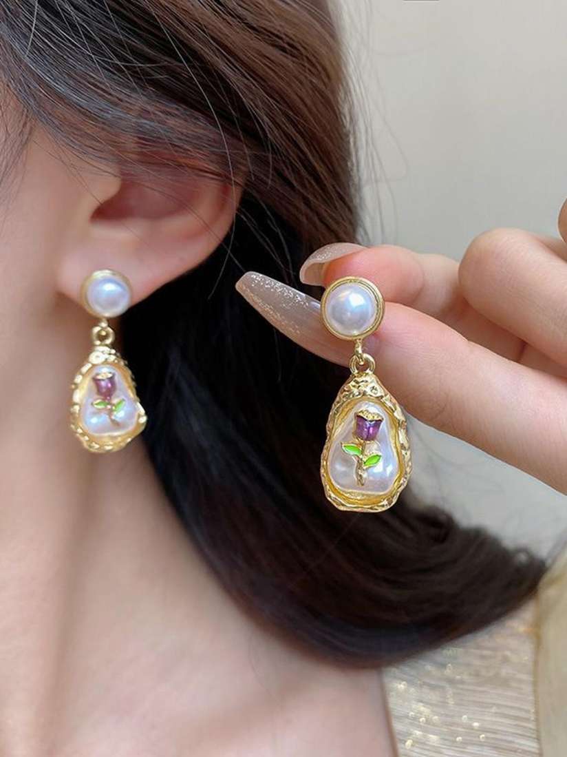Oil Painting Style Oval Enamel Baroque Pearl Drop Earrings