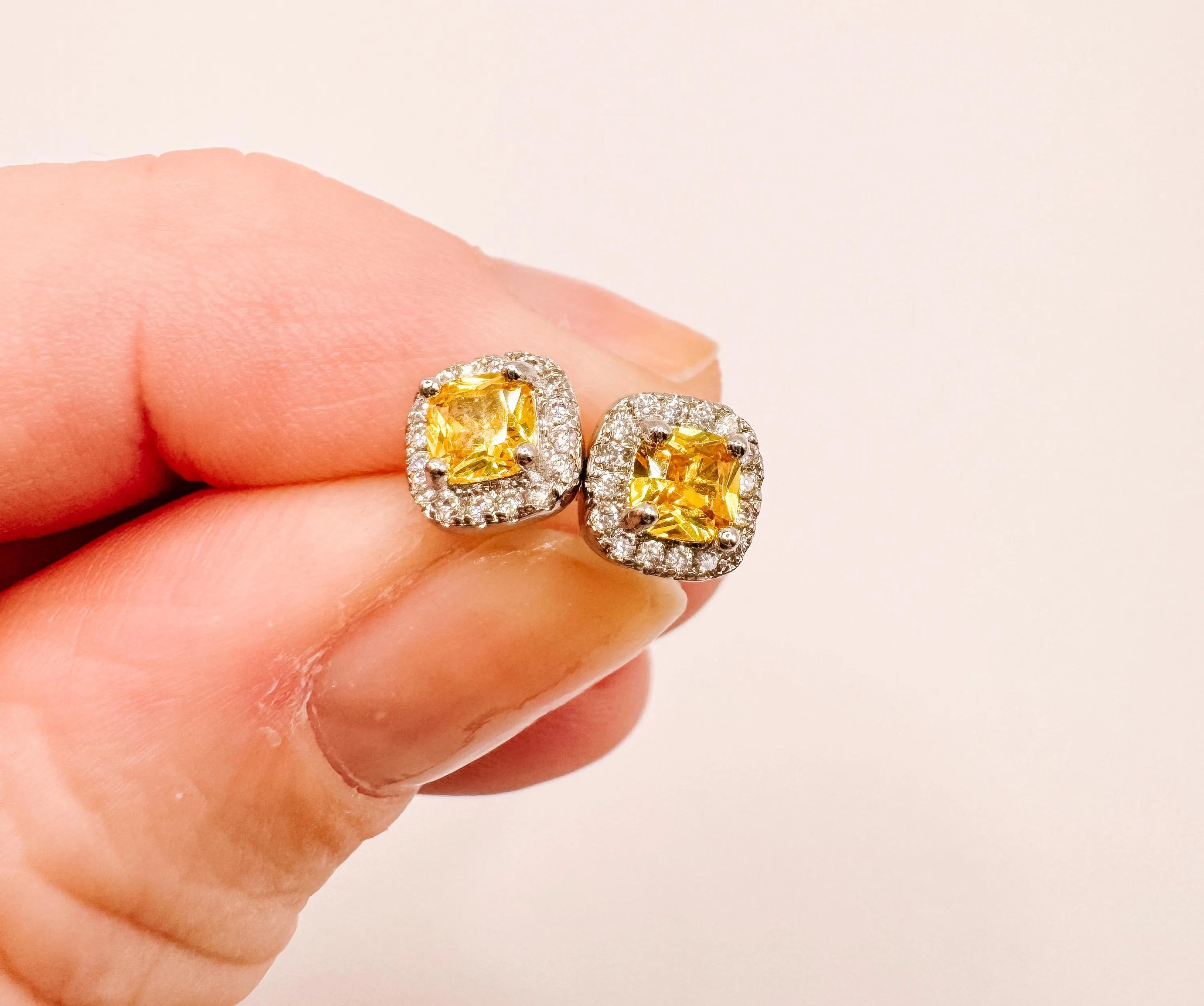 Silver Plated Anti Tarnish American Diamond Studded Yellow Square Crushed Ice Cut Stud Earrings
