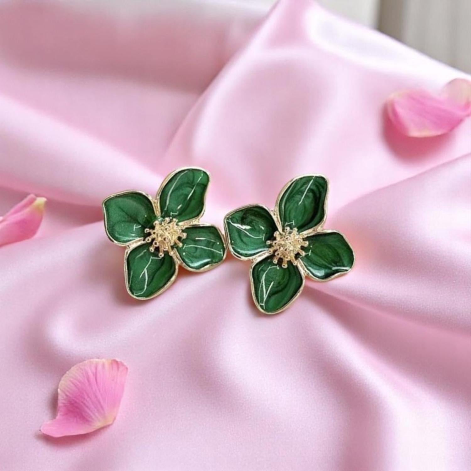 Korean flower shape green colour earrings