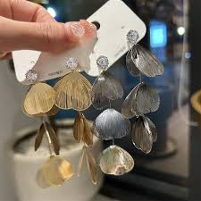Exaggerated Petal-Shaped Metallic Drop Long Earrings