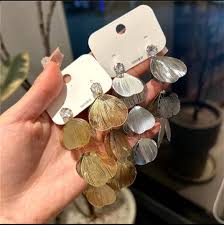 Exaggerated Petal-Shaped Metallic Drop Long Earrings