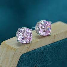 Silver Plated Anti Tarnish American Diamond Studded Pink Square Crushed Ice Cut Stud Earrings