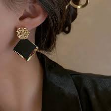 Black & Gold Geometric Square Drop Earrings