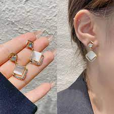 Geometric Opal Crystal Square Drop Earrings
